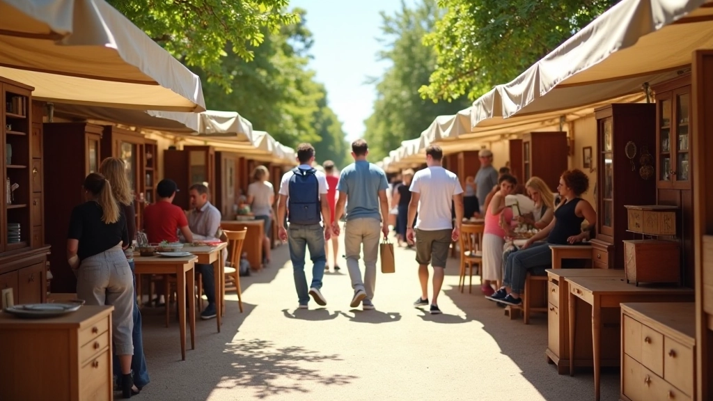 Marché aux puces ou vide-greniers animé avec visiteurs parcourant les articles, ambiance festive