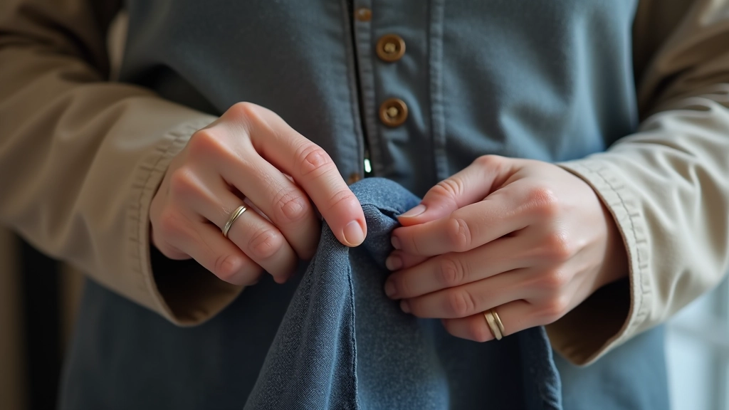 Mains examinant les détails d'un vêtement d'occasion, vérification des coutures et des fermetures avec attention aux défauts