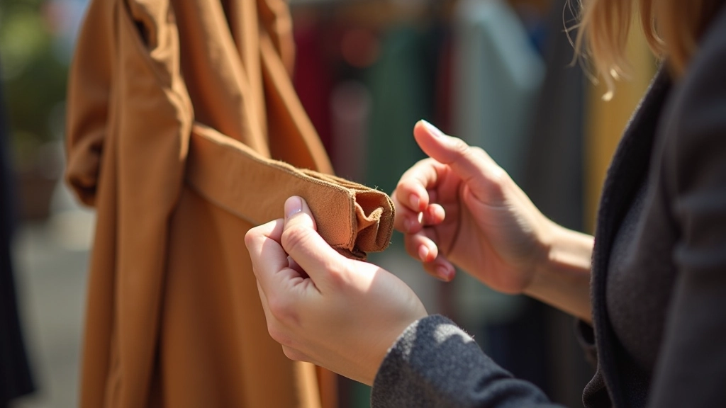 Main inspectant un vêtement vintage pour vérifier l'état et les détails, texture et coutures visibles
