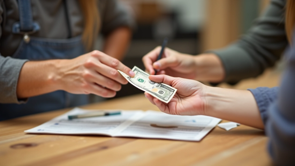 Deux personnes effectuant une transaction en espèces, échange d'argent et d'objet, point de vue neutre