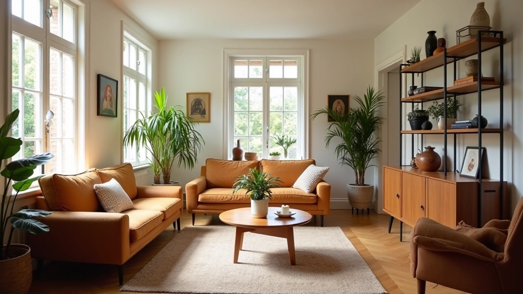Intérieur moderne avec meubles d'occasion de qualité, style bohème-minimaliste, décoration soignée