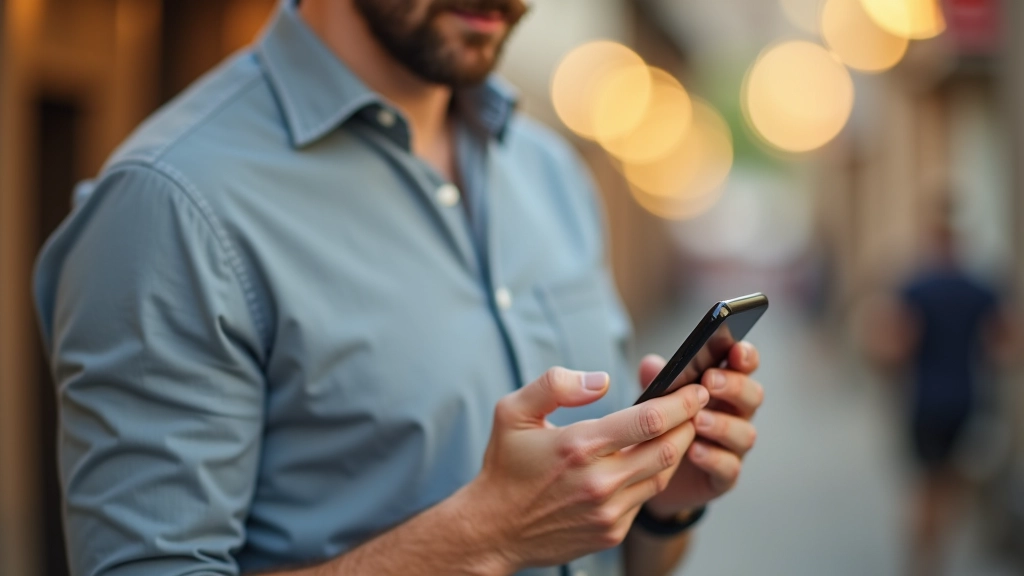 Personne consultant un téléphone avec application d'achat d'occasion, liste de produits affichée, main pointant vers l'écran