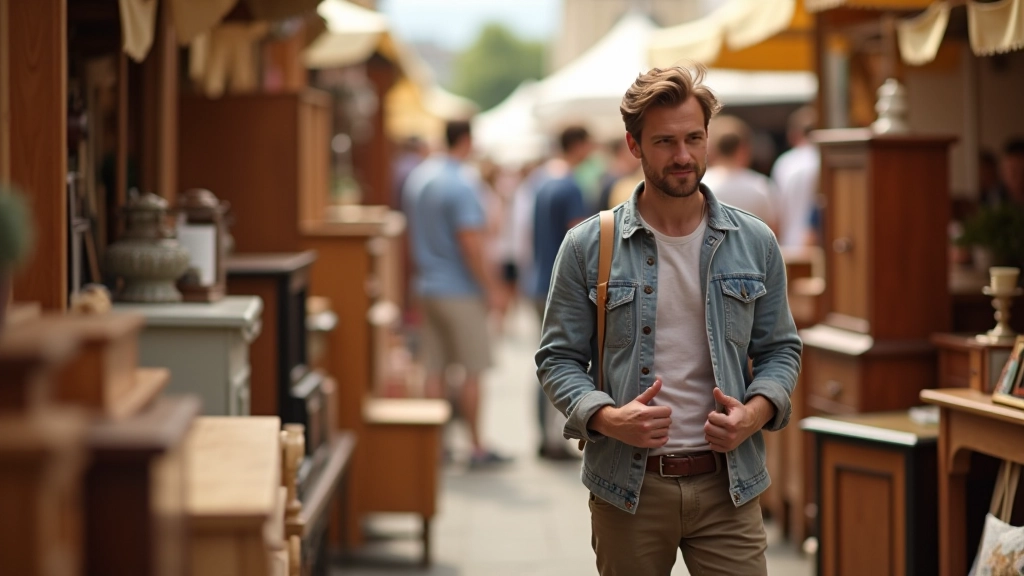 Personne parcourant des articles d'occasion à un marché aux puces français, avec des meubles et objets vintage en arrière-plan