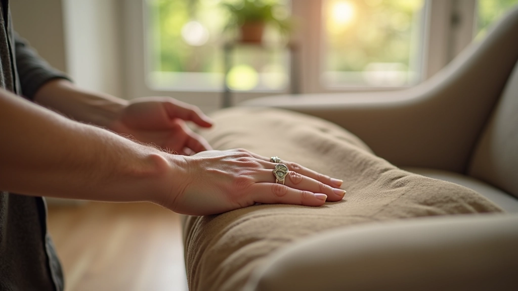 Acheteur inspectant un meuble d'occasion dans un environnement bien éclairé, détails visibles