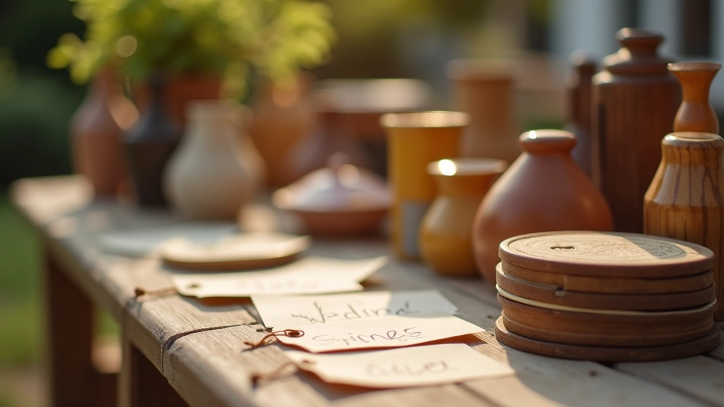 Gros plan sur des articles variés (vaisselle, décoration, textiles) avec des étiquettes de prix manuelles