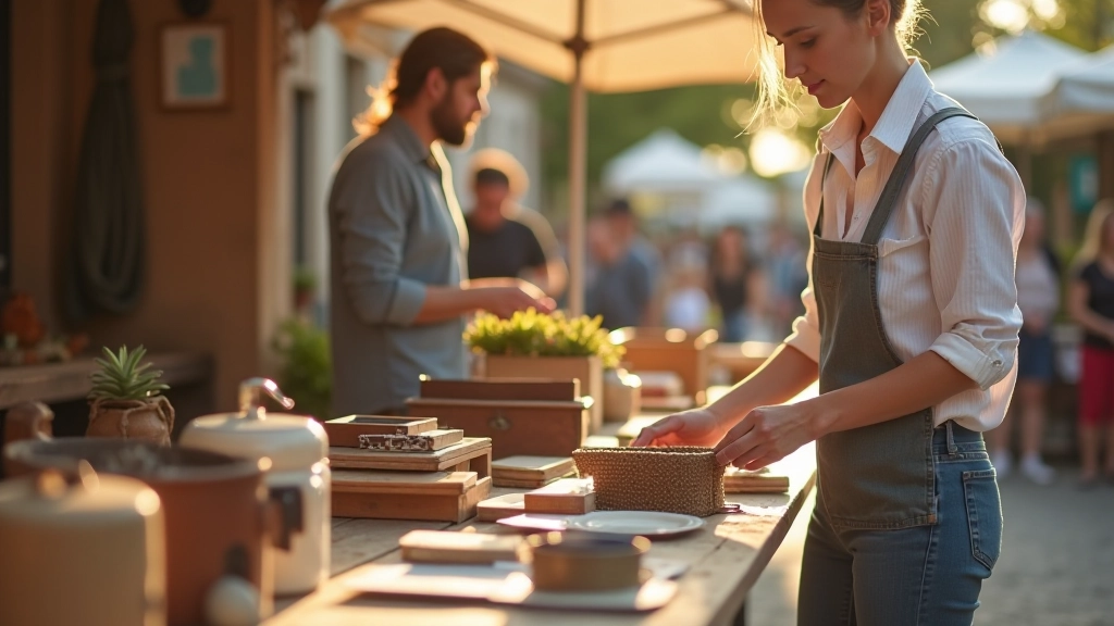 Vendeur arrangeant les articles sur un étal lors d'un vide-greniers en début de matinée, articles variés exposés