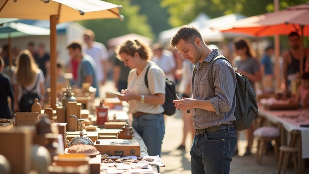 Foule de visiteurs parcourant les étals lors d'un vide-greniers en plein air, objets variés exposés