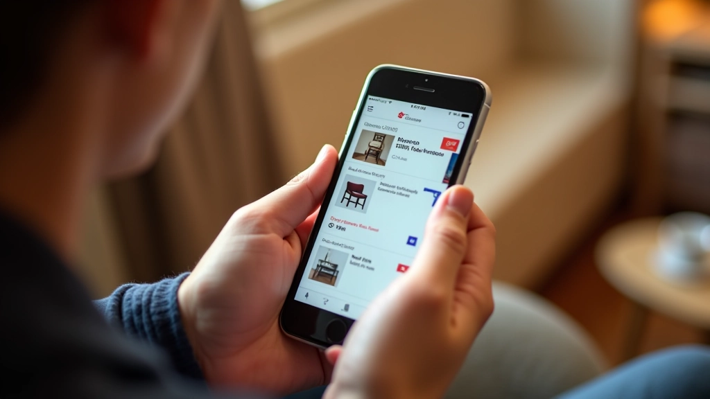 Écran de téléphone affichant l'application Le Bon Coin avec annonces d'articles d'occasion, main tenant le téléphone