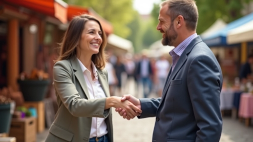 Deux personnes discutant d'une transaction occasion, poignée de main, ambiance de confiance et d'accord